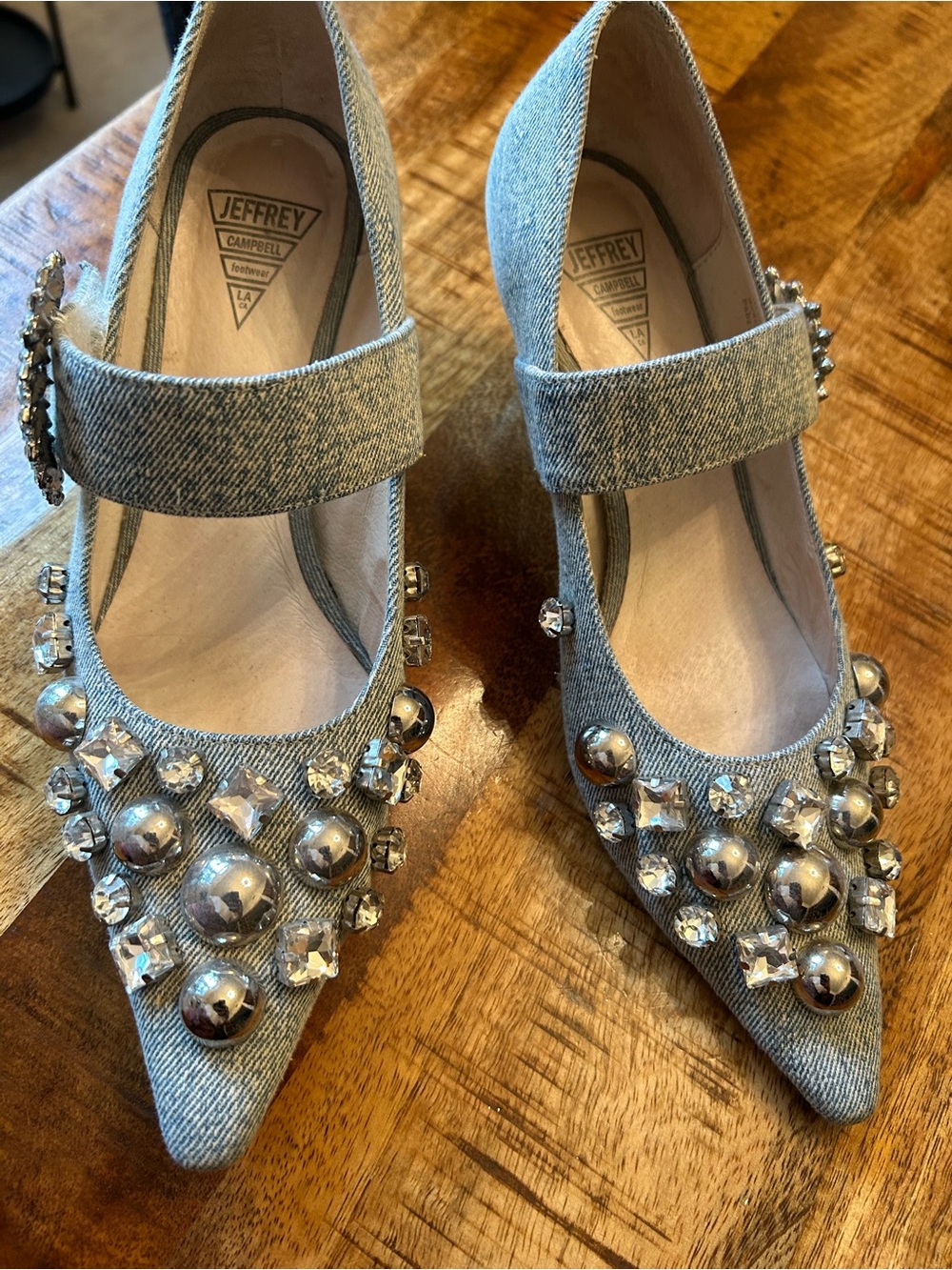 Jeffrey Campbell Denim Jeweled Mary Jane Pumps - Light Blue/Silver